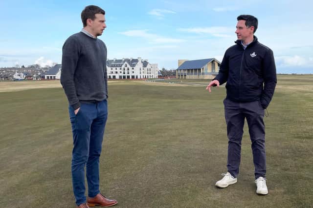 Dr Graeme Sorbie of Abertay University and Michael Wells, chief executive of Carnoustie Golf Links on the Carnoustie Championship Course
