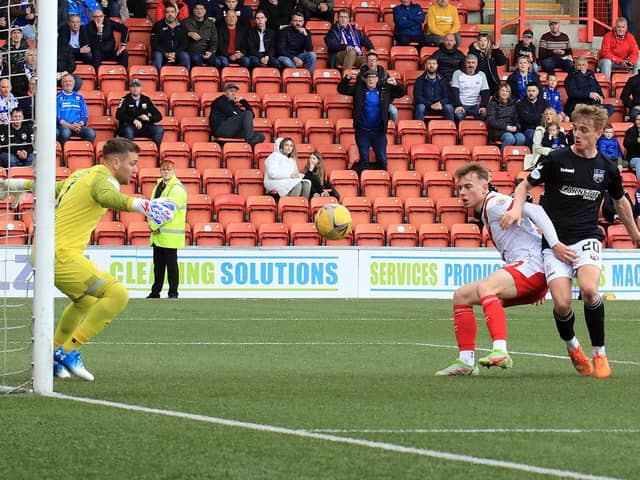 Cammy F Ballantyne finds the back of the net for Montrose but the joy wouldn't last. Pic by Phoenix Photography