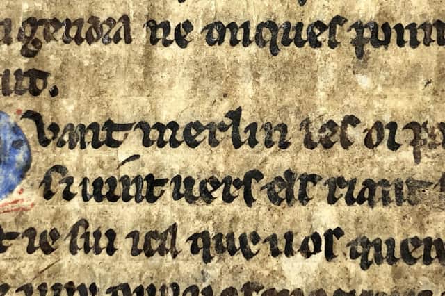 The fragment is from the Merlin en Prose, focusing on the seer’s early life.